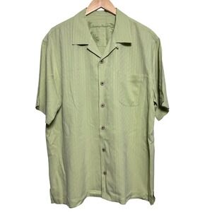 Tommy Bahama Mens Camp Shirt Large Green‎ Silk Button Up Short Sleeve Palm Trees